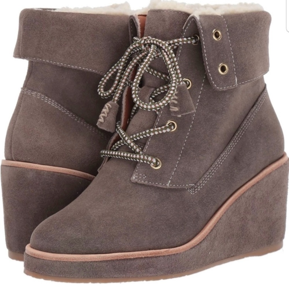 kate spade areana wedge ankle bootie boot - portabella suede with sherpa lining